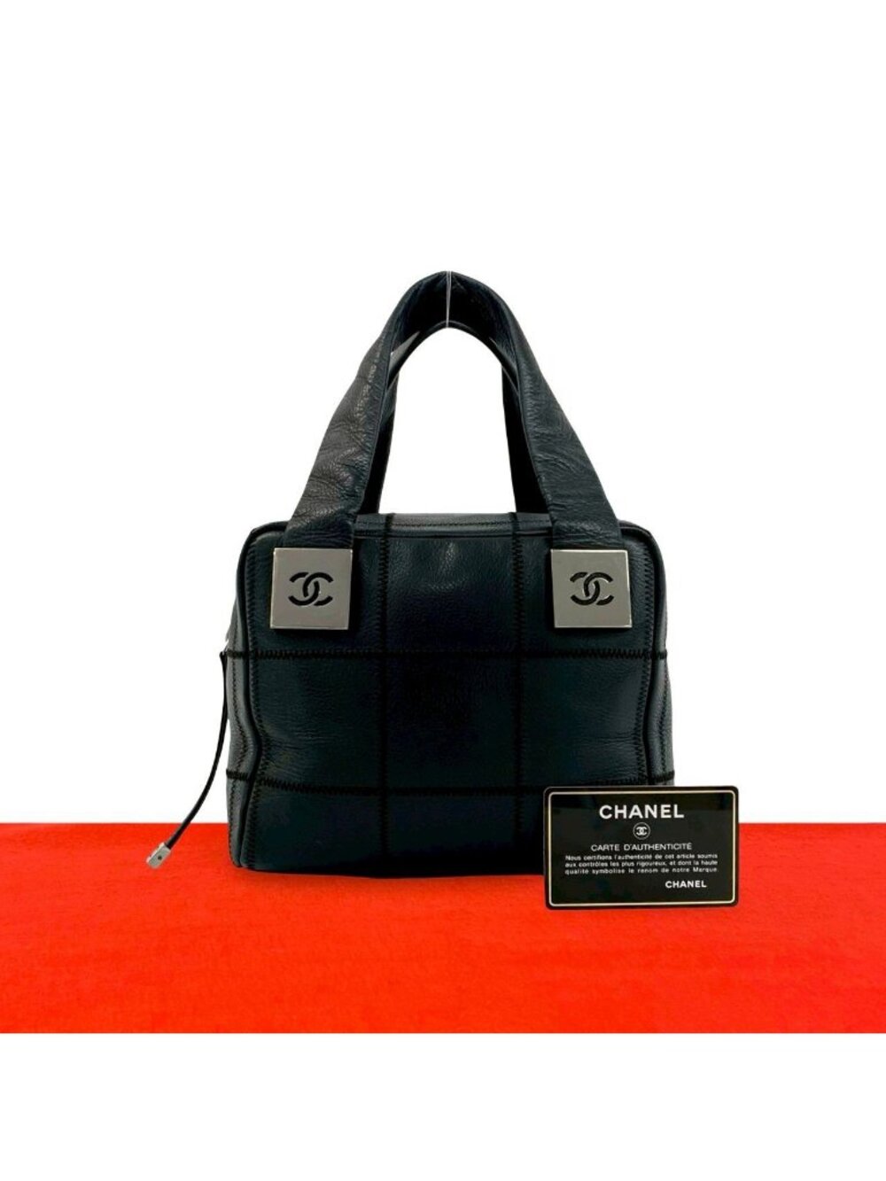 Chanel With Card Choco Bar Caviar Leather Mini Boston Bag Black